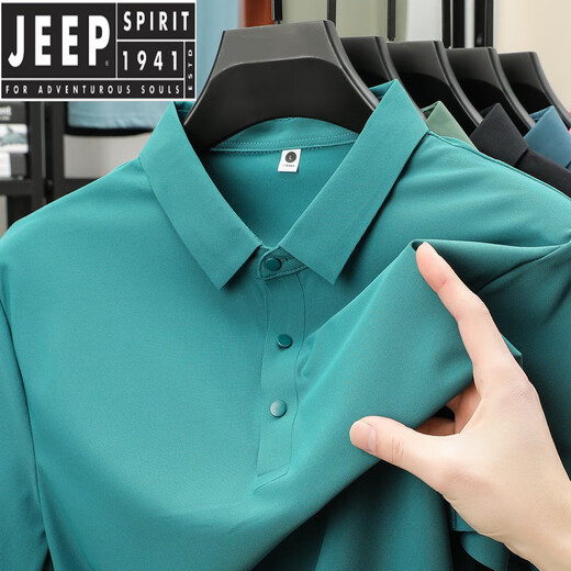 Camiseta para hombre de manga corta sin costuras, fresca, de seda helada, de grado JEEP SPIRIT, polo nuevo para hombre 2025. camisa solapa bajo camisa 12358 Azul Pavo Real M