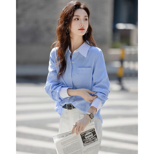 Demana Salt Intelligentsia Spring and Autumn Intelligent Stripe Contrast Color Lapel Long Sleeve Shirt Covering Flesh Shirt Women's Top