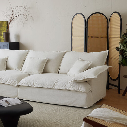 Shiwu Qiuchi fabric sofa minimalist style living room straight sofa natural cotton linen lotus root white 4-seater 2.8m