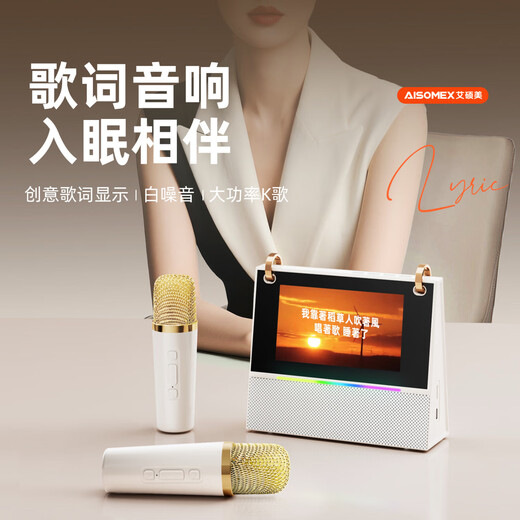 Aishomei B163k song microphone audio all-in-one singing artifact with microphone family ktv home laka ok children's male and female birthday gift lyrics display white double wheat