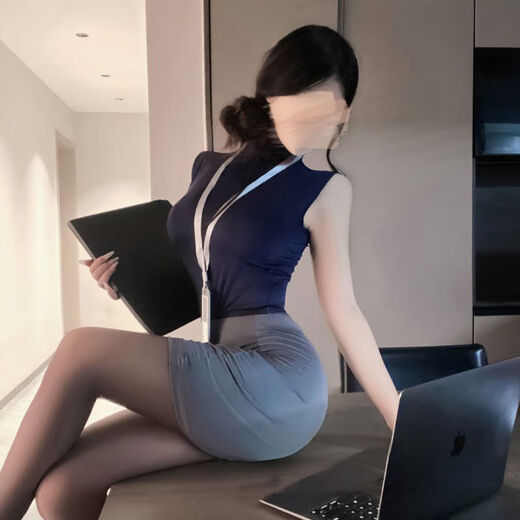 Secretary Professional Hot Girl Outfit Office Cosplay Uniform Pajamas Pure Desire Hip Skirt Suit Women's One Size 8 Dark Gray - Secretary Top Skirt Chest Tag Thong