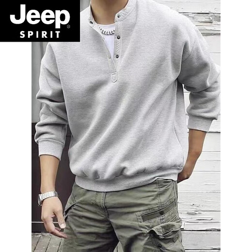 JEEP SPIRIT Japanese retro autumn and winter men's Henry collar long-sleeved T-shirt bottoming shirt plus velvet warm casual pullover sweatshirt large size gray regular style high quality M