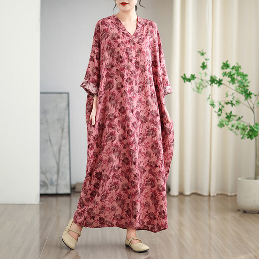 SU-ordnungsgemäß 2025 Sommer neue Stile und mehrere Farben und Urlaubsstil Lose großer Frauen V-Ausschnitt Retro Long Kleid 9757# Orange Einsgroße