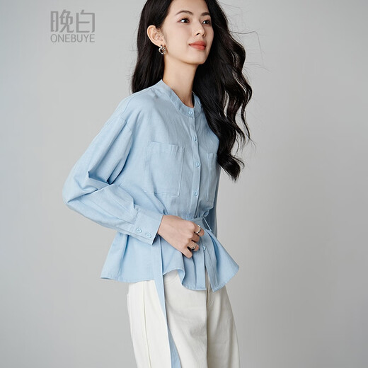 Late White Exclusive 2025 Autumn Design Top with Waist Belt Slim Elegant Shirt for Women Light Blue L