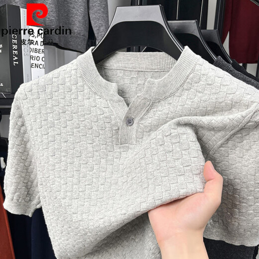 Pierre Cardin Textured Twist Striped Sweater Men's Light Mature Henley Collar Knitted Short-Sleeved T-Shirt Men's 2025 Autumn Casual T-shirt Oatmeal Gray XL