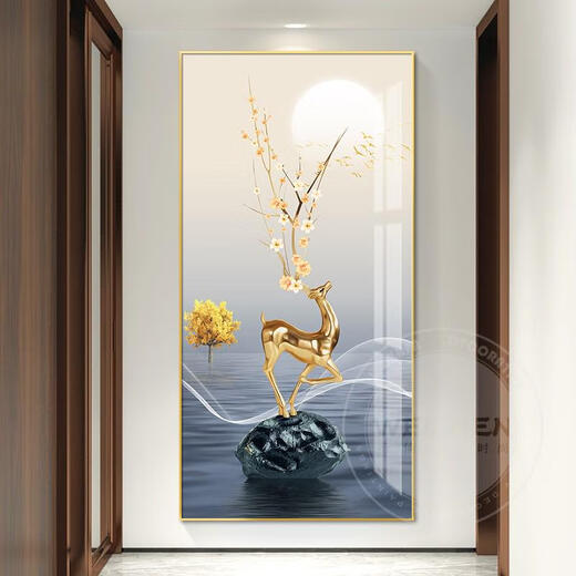 三栖虎福禄入户进门玄关装饰画现代走廊过道挂画壁画客厅大气 LY-6087-金鹿送财 50*35mm加厚铝合金边框+肌理