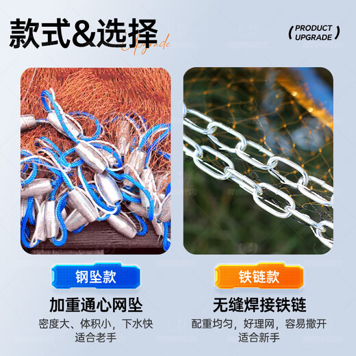 Dilimo cast net, hand-thrown fish net, fishing net, Frisbee net, Frisbee fishing net, tire line fishing gear, fishing net spin net, chain weighted version, tire line Frisbee net - 1 finger, diameter 7.2 meters - height 3.6 meters