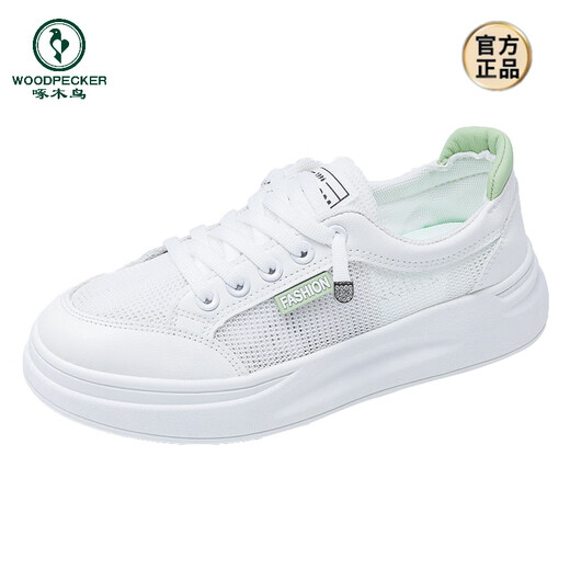 Woodpecker white shoes for women 2025 spring and summer new mesh shoes breathable mesh versatile thin casual thick-soled sports shoes sneakers white green (mesh) 35 standard size