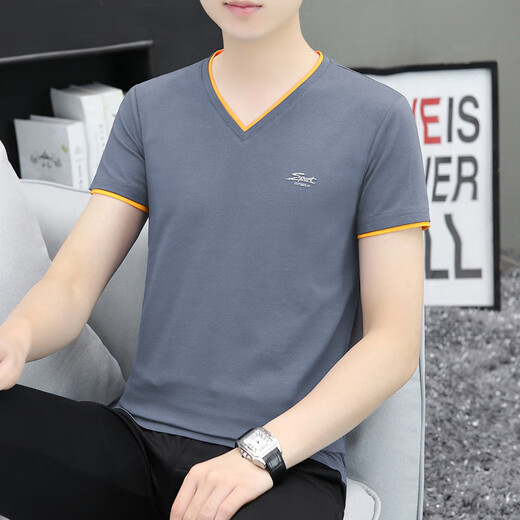NOSSKISS轻奢高档男士V领短袖T恤新款弹力男士T恤打底衫男式半袖休闲 694豆绿 3XL