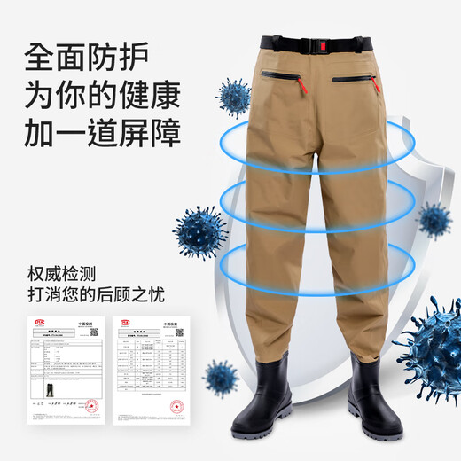 3D nylon lightweight waterproof fishing waders one-piece waist-high fishing clothing rain pants with rain boots one-piece wading pants PVC green waist-high belt style 38
