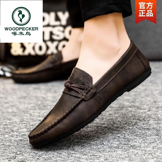 
Woodpecker men's beans shoes Korean version of business work casual leather shoes breathable and versatile non-slip one-step men's shoes 2025 spring D826 black 39 small