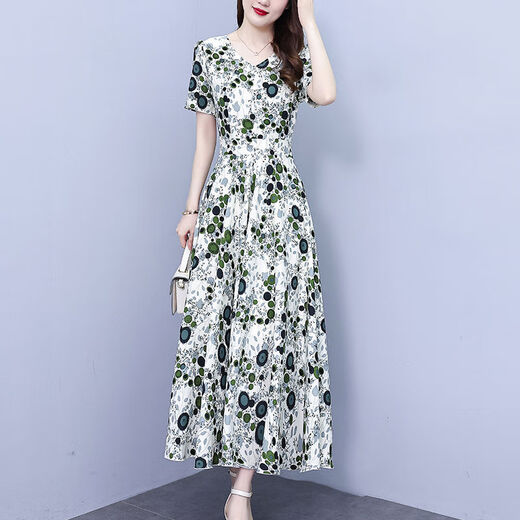 DRYWORLD2025夏季新款雪纺碎花连衣裙大码胖mm收腰显瘦遮肚长裙 草绿色 【杏底绿花9737时尚百搭 4XL