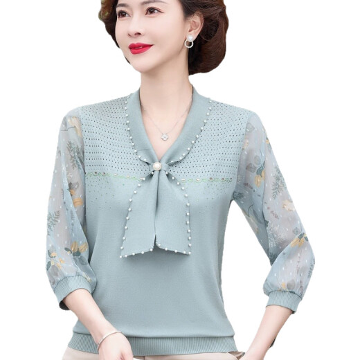 2025新款妈妈春装洋气纱袖上衣服中老年女春夏针织T恤薄款打底衫 秋香黄6636 M （建议85-100斤