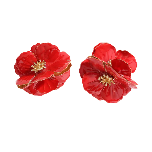 Exaggerated earrings, retro flowers, red camellia, French three-dimensional dripping glazed flower earrings, light luxury seaside resort style, red dripping glazed flower earrings
