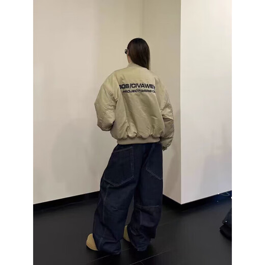 迪伽达2025美式街头复古刺绣棒球棉服外套男女潮牌短宽飞行夹棉夹克外套 ZYF-687 卡其色 常规 2XL