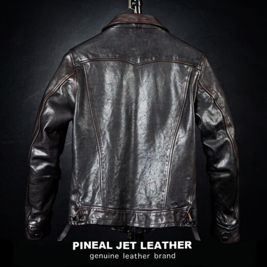 PINEAL JET LEATHERPJL Men's Classic Short American Retro Distressed Western Lapel Slim Horsehide Mendoza Leather Jacket Black Black Tea M (130Jin Jin is equal to less than 0.5kg)