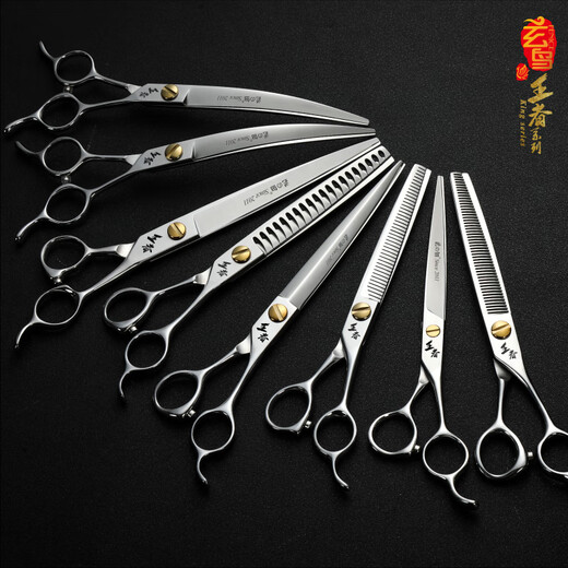 Black Bird King series pet scissors, straight cut, curved scissors, tooth scissors, fish bone scissors, fluffy scissors, high-end scissors for beauticians, King 6-piece set, including fluffy scissors | See main picture for details