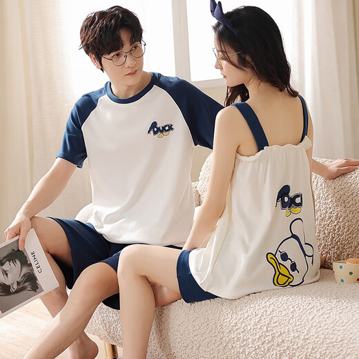 Daizixin 2 sets of couple pajamas for summer suspenders for women, two-piece set of pure cotton short-sleeved vest thin men's summer suit DD9906 Women L+ men's XXXL