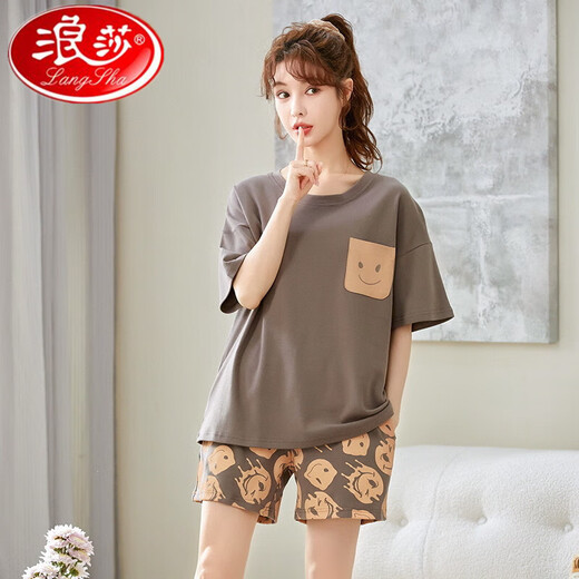 浪莎睡衣女夏季纯棉薄款可爱韩版学生短袖两件套装春秋宽松夏天家居服 栗色GXT6636图色 M码(建议75-95斤) 均码
