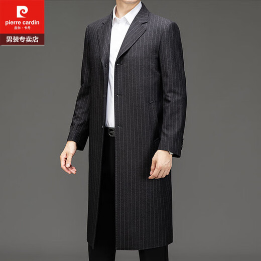 Pierre Cardin high-end men's windbreaker autumn and winter mid-length knee-length wool coat middle-aged and elderly dad business coat men's gray plaid mid-length 2XL 185