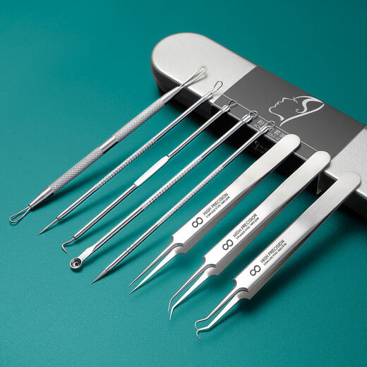 Picking tool with magnifying glass, acne needle, cell clip set, pimple squeezing and blackhead tweezers, ultra-fine clearing, closed-mouth picking, 3-piece clip set, free 10xc 100 pieces