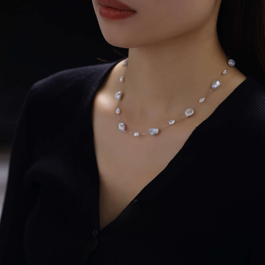 Libiao Aurora Specially Selected Keshi Two-Point Gypsophila Versatile Adjustable High-Grade Platinum Pearl Necklace 3.28 Dachang Keshi Gypsophila Necklace