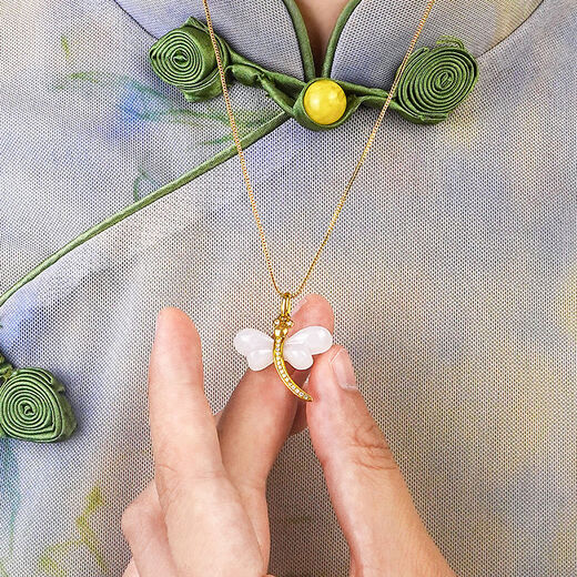 Yuansi 18k gold Hetian jade mutton fat white jade dragonfly pendant gold inlaid jade white jade insect gold pendant