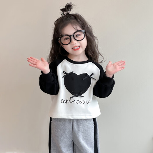 Burwilde International Brand Girls' Autumn Clothing Set 2025 New Children's Love Contrast Color Western Style Long-Sleeved Sweatshirt Spring and Autumn Clothing for Women White (Gift Box) 120 cm