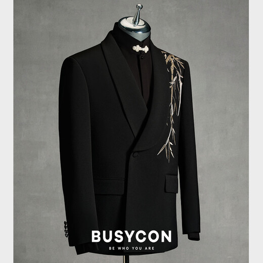 BUSYCON Golden Bamboo Embroidery New Chinese Green Fruit Collar Suit Groom Wedding Banquet Dress Men's Toast Suit Black (Two-piece Set Top + Pants) 46