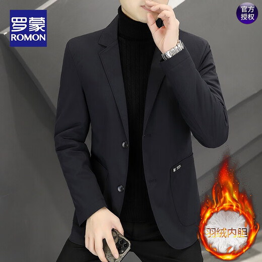 ROMON autumn and winter thickened down suit men's trendy Korean style casual, handsome, versatile, slim and high-end small suit jacket black (90 duck down lining) 3XL recommended 165-180Jin Jin equals 0.5 kg