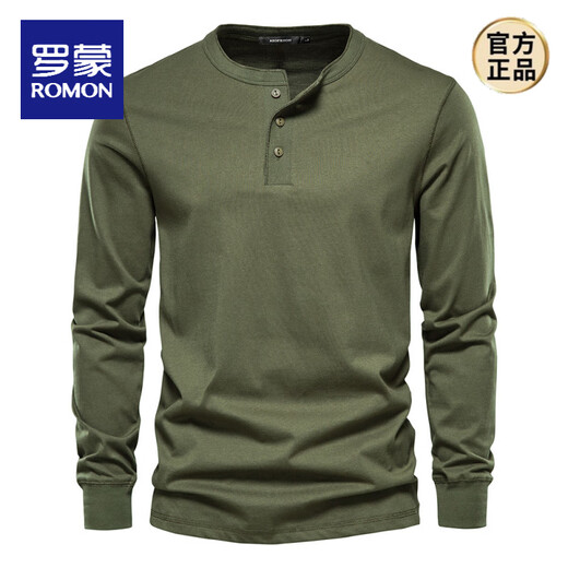 ROMON American retro heavyweight long-sleeved T-shirt pure cotton Henley shirt men's fitness tough guy army green versatile bottoming shirt Royal Blue L