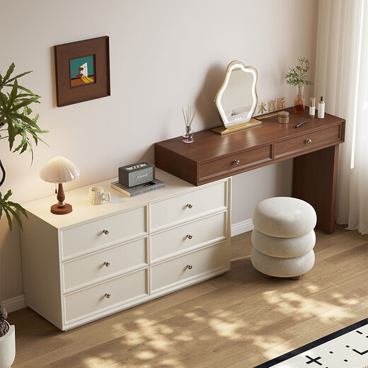 Mugongjiang Shuying solid wood dressing table bedroom simple 2025 new modern storage cabinet bedside retractable dressing table dressing table + six drawer cabinet + acrylic stool + cloud mirror
