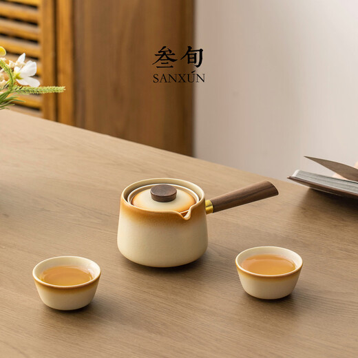 30-year-old Dunhuang sandstone glaze automatic teapot quick cup ceramic household Chinese style lazy travel tea set (sandstone glaze) rotary teapot + 2 tea cups