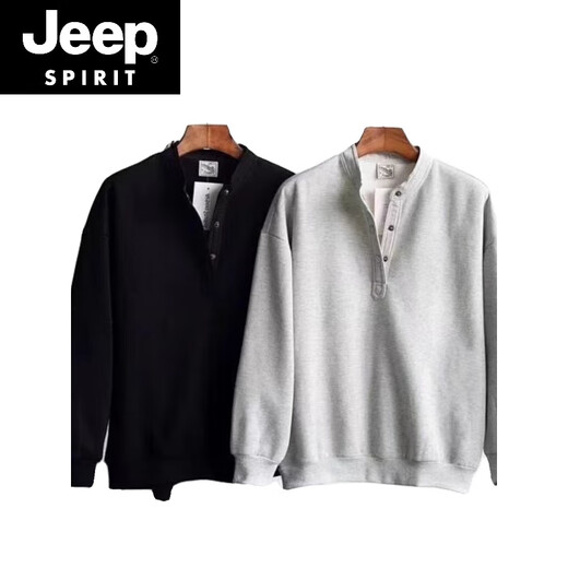 JEEP SPIRIT Japanese retro autumn and winter men's Henry collar long-sleeved T-shirt bottoming shirt plus velvet warm casual pullover sweatshirt large size gray regular style high quality M