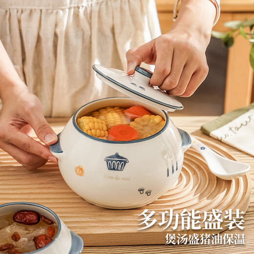 Man丂 double-eared lard jar with spoon large capacity 1.5L high temperature resistant and anti-scalding seasoning jar ceramic lard jar kitchen seasoning jar double-eared large lard jar with spoon white and blue