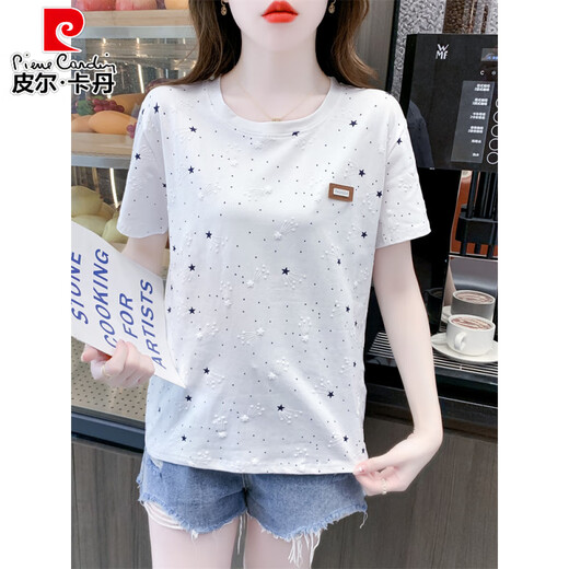 Camiseta de manga corta con estampado de algodón puro de Pierre Cardin, ropa de verano para mujer 2025, nuevo diseño suelto que cubre el vientre, camiseta versátil, tendencia superior 1396 Blue Meteor + W7274 Dandelion S adecuado para 80-99 Jin Jin equivale a 0,5 kg