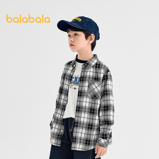 Balabala Boys' Shirt Children's Long Sleeve Autumn Clothes Girls' Plaid Jacket Same Style in the Shopping Mall Comfortable and Versatile Black and White Tone 00491 100