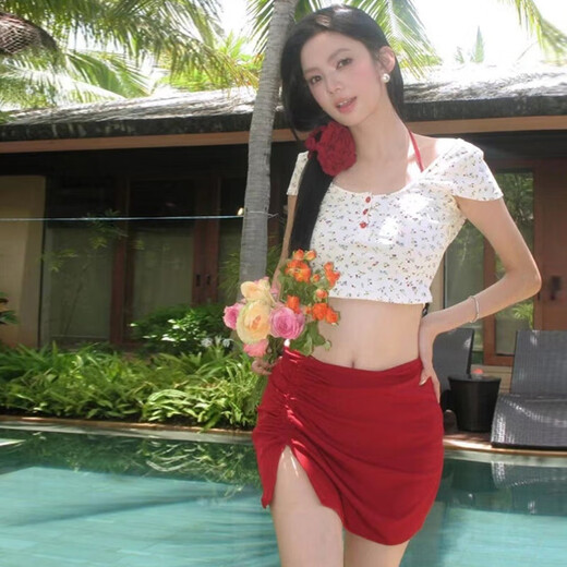 OMOM swimsuit women's new floral bikini four-piece sexy fresh split body slimming hot spring vacation red L