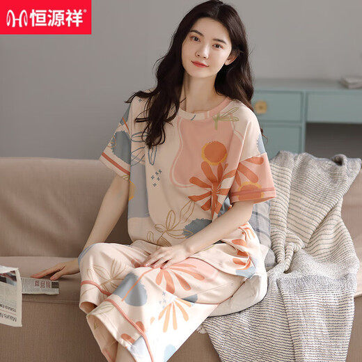 恒源祥睡衣女款夏季纯棉短袖七分裤全棉圆点可外穿女士家居服妈妈居家 Z9855 【纯棉】 M 建议80-100斤穿