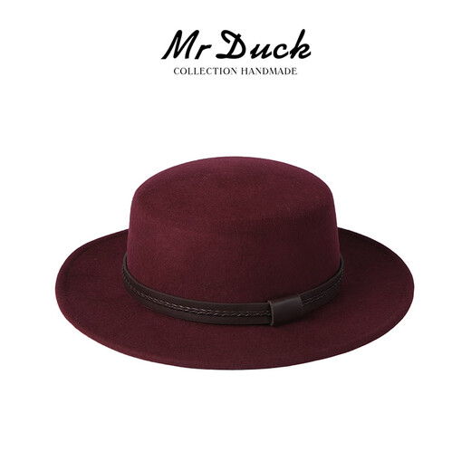 Mr DUCK new product, French style, imported full flat hat for women, retro calfskin webbing, flat-brimmed top hat for women, MW362171-enamel burgundy (wool style) M (55-56cm)