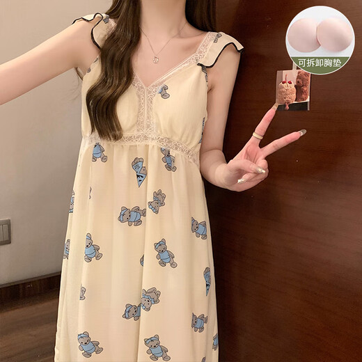 莫代尔睡衣带胸垫女夏季2025年新款睡裙纯棉公主吊带花边蕾丝性感中长裙 YZQ_9906#吊带裙兔子(带胸垫) M