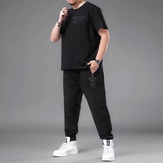 Yicaiwan short-sleeved T-shirt, large-size shirt, men's loose fat men's clothing, trendy summer men's base shirt, plus fat high-end design sense 6622 black suit, one size XL