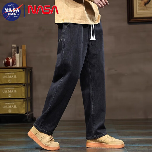 NASA BASE牛仔裤男春秋新款男士2025新款弹力潮款男裤宽松直筒休闲阔腿裤子 黑灰 XL （建议125-145斤）