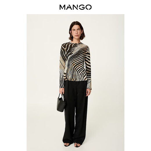 MANGO Year-End Discount Women's Shirts 2026 Spring New Blouse Zebra Stripe Print Bell Sleeve Top Black M