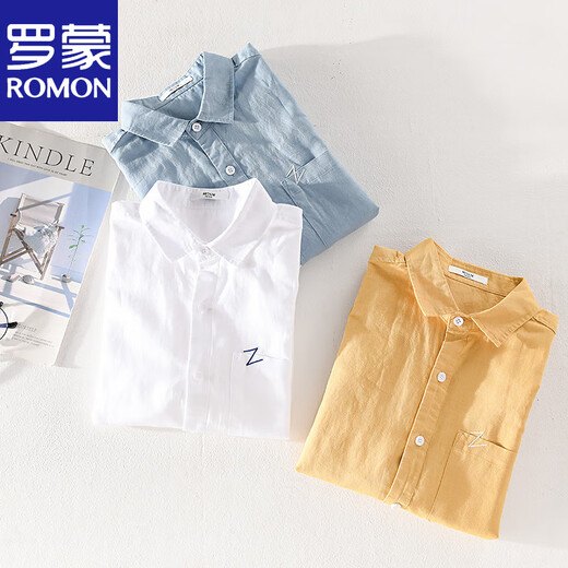 Romon Herren-Leinen kurzärärmiges Hemd Japan japanische dünne Sommerjugendliche Festkörper-Cotton-Wäscheshemd 9711 Hellblau XL 130jin [Jin gleich 0,5 kg]