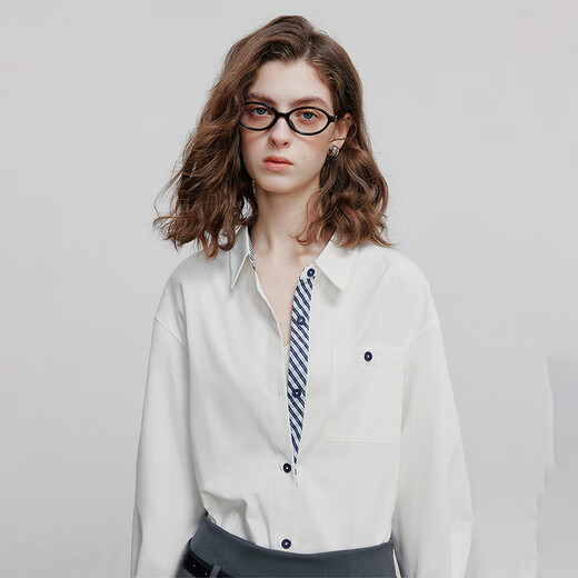 First Language Cavalry Oblique Cotton Women's Shirt 2025 New Lapel Spliced Striped Top Commuting Shirt Off-White M