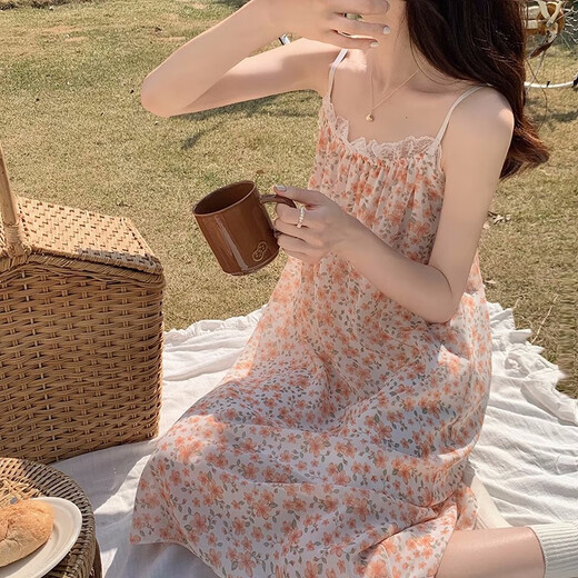 韩版吊带睡裙女夏季冰丝绸甜美公主风网纱大码薄款可爱睡衣家居服 5012#网纱裙 小粉花 M 码【建议85-105b