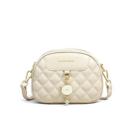 viney新款牛皮包包女包轻奢斜挎包品牌小包生日元旦礼物送女生女友 【米白】新年节礼物送老婆高级感实用单肩手机包 时尚百搭小众洋气小圆包