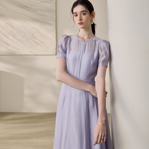ROEYSHOUSE Luo Yi Temperament Waist Dress 2025 Summer New Fashion Puff Sleeve Large Swing Skirt 12052 Purple 2XL