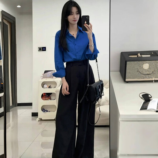 Jingdomeng 2025 Spring and Autumn New Klein Blue Long-Sleeved Shirt Jacket Women's French Style Loose Casual and Versatile Top Dark Blue M (100-115Jin Jin is equal to 0.5kg)